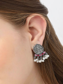OOMPH - Oxidised Small Drop Earrings Leaf Design Pink Red Stones