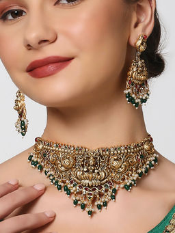 OOMPH - Antique Gold Tone Green Beads Traditional Choker Necklace Set with Earrings