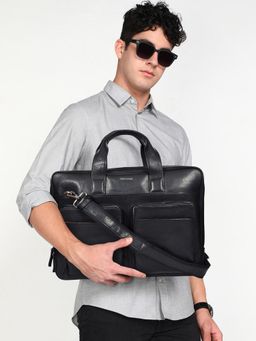 Sassora - Genuine Leather 17 Inch Laptop Messenger Bag with Detachable Strap - Black (L)