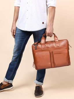 Sassora - Genuine Leather 17 Inch Laptop Messenger Bag with Detachable Strap - Tan (L)