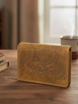 Sassora - Men's RFID Blocking Leather Embossed Animal Design Wallet - Tan (L)