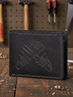 Sassora - Leather RFID Blocking Embossed Chainsaw Design Bifold Wallet - Black (L)