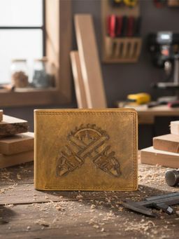 Sassora - Leather RFID Blocking Embossed Chainsaw Design Bifold Wallet - Tan (L)