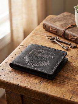 Sassora - Leather RFID Blocking Embossed Eagle Design Wallet - Black (L)