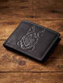 Sassora - Leather RFID Blocking Embossed Wolf Design Bifold Wallet - Black (L)