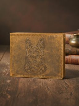 Sassora - Leather RFID Blocking Embossed Wolf Design Bifold Wallet - Tan (L)