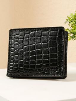 Teakwood - Men's Black Croco Texture Leather Bi-Fold Wallet