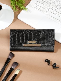 Teakwood - Women Croco Black Leather Two Fold Wallet