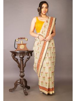 Unnati Silks - Beige Screen Printed Sico Saree with Unstitched Blouse