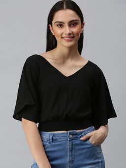 SHOWOFFFF - Women V-Neck Flare Sleeves Solid Black Crop Top