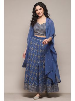 Biba - Women Teal Polyester Straight Top with Sharara and Shrug (Set of 3)