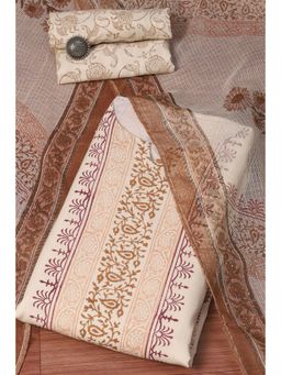Biba - Women Beige Cotton Blend Unstitched Suit (Set of 3)