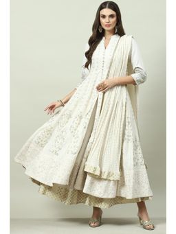 Biba - Women Off White Cotton Anarkali and Leggings with Dupatta (Set of 3)