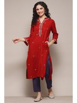 Biba - Women Red Cotton Blend Straight Kurta