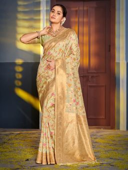 Sangam Prints - Light Green Banarasi Silk Woven Work Traditional Tassels Saree with Unstitched Blouse