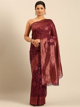Sangam Prints - Wine Cotton Woven Work Traditional Saree with Unstitched Blouse