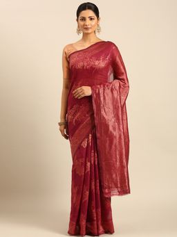 Sangam Prints - Magenta Cotton Woven Work Traditional Saree with Unstitched Blouse