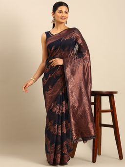 Sangam Prints - Navy Blue Cotton Woven Work Traditional Saree with Unstitched Blouse