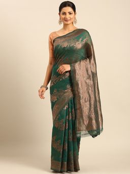 Sangam Prints - Green Cotton Woven Work Traditional Saree with Unstitched Blouse