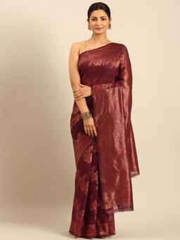 Sangam Prints - Wine Cotton Woven Work Traditional Saree with Unstitched Blouse