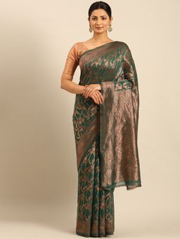 Sangam Prints - Green Cotton Woven Work Traditional Saree with Unstitched Blouse