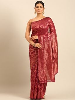 Sangam Prints - Magenta Cotton Woven Work Traditional Saree with Unstitched Blouse