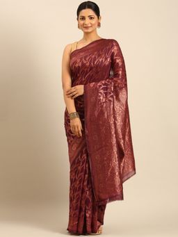 Sangam Prints - Wine Cotton Woven Work Traditional Saree with Unstitched Blouse