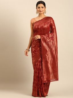Sangam Prints - Red Cotton Woven Work Traditional Saree with Unstitched Blouse