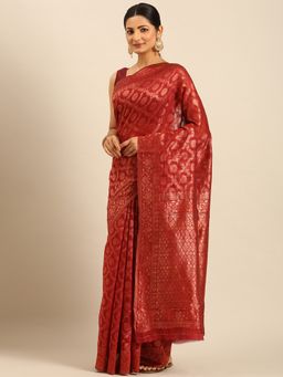 Sangam Prints - Red Cotton Woven Work Traditional Saree with Unstitched Blouse