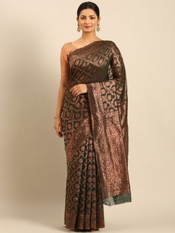 Sangam Prints - Dark Green Cotton Woven Work Traditional Saree with Unstitched Blouse