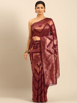 Sangam Prints - Wine Cotton Woven Work Traditional Saree with Unstitched Blouse