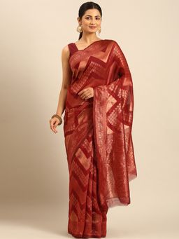 Sangam Prints - Maroon Cotton Woven Work Traditional Saree with Unstitched Blouse