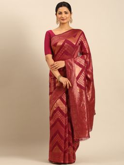 Sangam Prints - Magenta Cotton Woven Work Traditional Saree with Unstitched Blouse