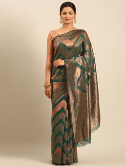Sangam Prints - Green Cotton Woven Work Traditional Saree with Unstitched Blouse