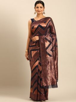 Sangam Prints - Navy Blue Cotton Woven Work Traditional Saree with Unstitched Blouse