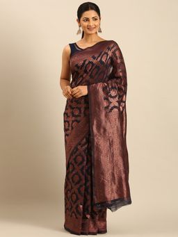 Sangam Prints - Navy Blue Cotton Woven Work Traditional Saree with Unstitched Blouse