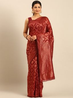 Sangam Prints - Maroon Cotton Woven Work Traditional Saree with Unstitched Blouse