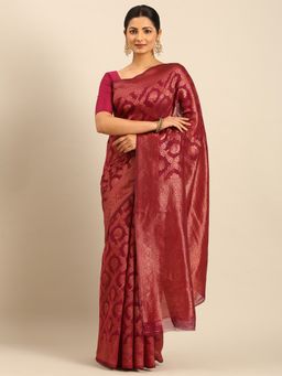 Sangam Prints - Magenta Cotton Woven Work Traditional Saree with Unstitched Blouse