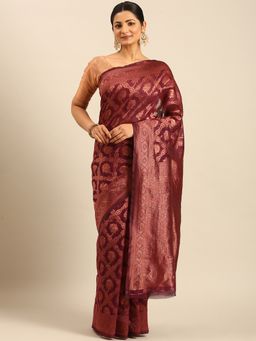 Sangam Prints - Wine Cotton Woven Work Traditional Saree with Unstitched Blouse