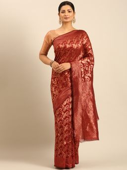 Sangam Prints - Maroon Cotton Woven Work Traditional Saree with Unstitched Blouse