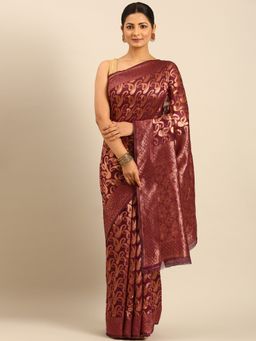 Sangam Prints - Wine Cotton Woven Work Traditional Saree with Unstitched Blouse