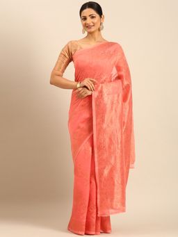 Sangam Prints - Peach Cotton Woven Work Traditional Saree with Unstitched Blouse