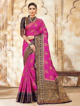 Sangam Prints - Pink Nylon Silk Woven Work Traditional Saree with Unstitched Blouse