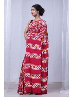Unnati Silks - Red Pure Wax Batik Printed Superfine Mulmul Cotton Saree with Unstitched Blouse
