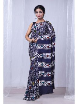 Unnati Silks - Navy Blue Pure Wax Batik Printed Superfine Mulmul Cotton Saree with Unstitched Blouse