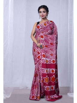 Unnati Silks - Red Pure Wax Batik Printed Superfine Mulmul Cotton Saree with Unstitched Blouse