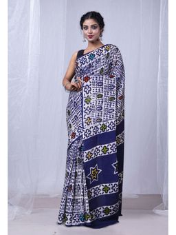 Unnati Silks - Navy Blue Pure Wax Batik Printed Superfine Mulmul Cotton Saree with Unstitched Blouse