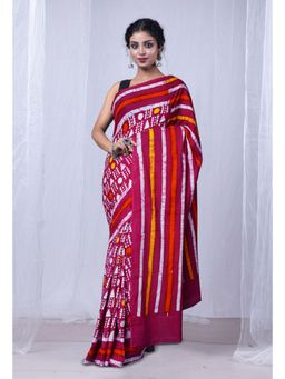 Unnati Silks - Red Pure Wax Batik Printed Superfine Mulmul Cotton Saree with Unstitched Blouse