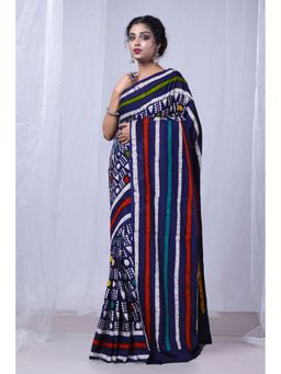 Unnati Silks - Navy Blue Pure Wax Batik Printed Superfine Mulmul Cotton Saree with Unstitched Blouse