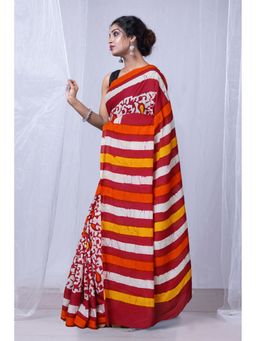 Unnati Silks - Red Pure Wax Batik Printed Superfine Mulmul Cotton Saree with Unstitched Blouse